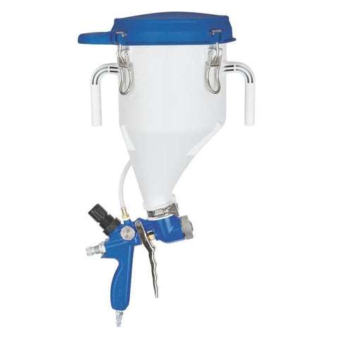 Solid Black Pressure Boosted Hopper Gun Paint Sprayer features a blue and white pressurized hopper for efficient paint delivery.