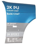 Front view of blue-gray 2K polyurethane clear coat aerosol packaging showing base coat and epoxy primer sections.