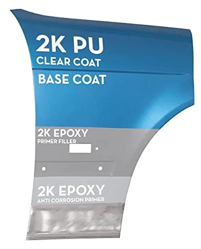 Front view of blue-gray 2K polyurethane clear coat aerosol packaging showing base coat and epoxy primer sections.