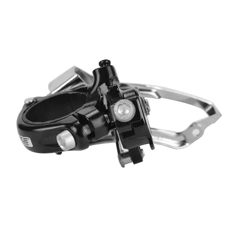 Black front derailleur clamp on three speed for mountain and road bikes with top or bottom routing, adjustable 31.8-34.9mm size.