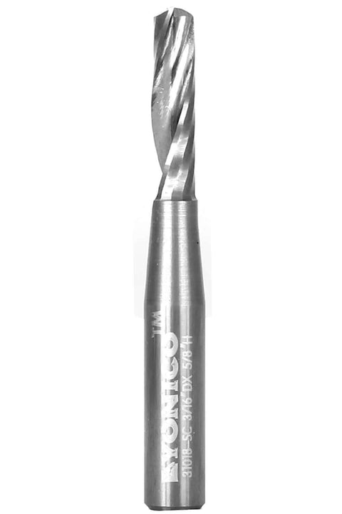 Yonico solid carbide single-flute upcut end mill router bit, 3/16 in diameter, 1/4 in shank.