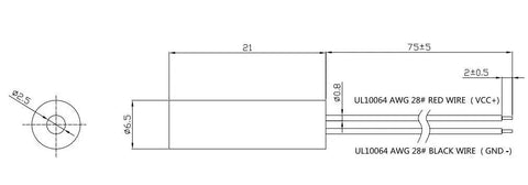 Diagram of Plug And Play 5Mw 515Nm Green Diode Laser Module dimensions with wire connections and measurements.
