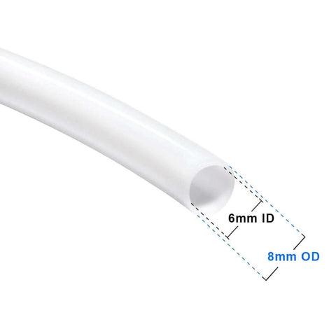 PTFE Teflon Tubing 6mm ID X 8mm OD White Translucent Hose for Bowden 3D Printer, detailed view of tubing dimensions.