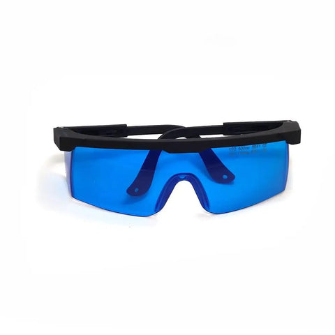 Heavy Duty Laser Safety Goggles For He Ne 632nm Red Beams Offering Hella Eye Shielding And Rock Solid Blue Tinted Lens With OD Plus 4 Dark Density Rating For Professional Lab Work, front view.