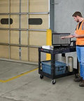 Two Shelf Foam Utility Cart With Lipped Shelves And Ergonomic Handle Black 500 Lb Capacity Durable Rolling Cart in warehouse
