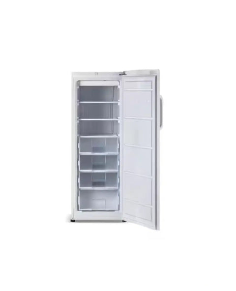 Straight Up Spacious 11 Cubic Foot Upright Freezer With Built In Drawer Organizer And Easy Manual Defrost with open door view.