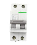 Straight Up Reliable Two Pole Mini Circuit Breaker Rated Sixty Three Amps At Two Hundred Thirty Volts With Four Point Five Kiloampere Breaking Capacity, front view, gray and white compact design.