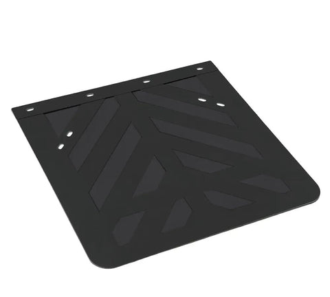 Black rubber mud flap from the Straight Mud Flap Hanger Kit With 30 Inch Spring Loaded Hanger For Semi Rigs, Aluminum Plate, 24x24 size.