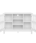 Forty Three Inch Solid Wood Kitchen Credenza Sideboard Buffet Cabinet With Sleek Metal Knobs open with inner shelves shown.