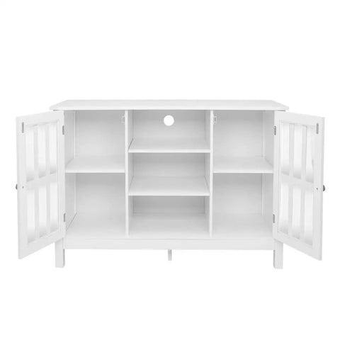 Forty Three Inch Solid Wood Kitchen Credenza Sideboard Buffet Cabinet With Sleek Metal Knobs open with inner shelves shown.