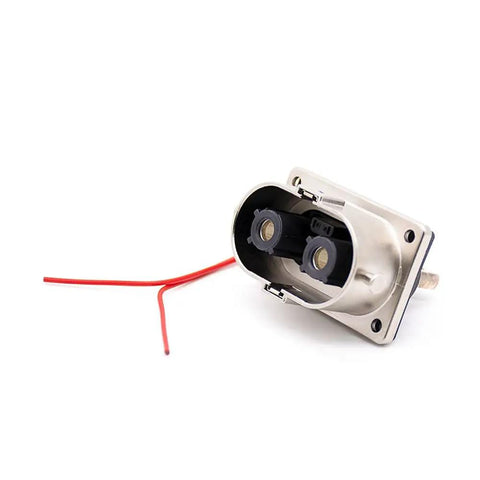 Heavy Duty High Voltage Safety Lock Connector 2 Pin Plug And Socket 125 Amp Rated right angle metal housing, IP67 sealed.