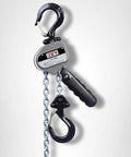 Front view of JET 1/2-ton compact lever hoist with chain, gray body, black handle and top/bottom hooks.