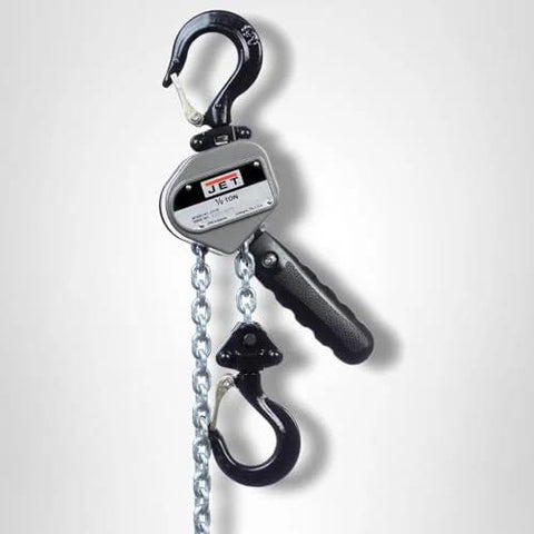 Front view of JET 1/2-ton compact lever hoist with chain, gray body, black handle and top/bottom hooks.