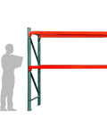 Heavy Duty Steel Pallet Rack Add On Unit 36 Inch Deep By 144 Inch Wide By 96 Inch High Two Tier with red beams and green posts.