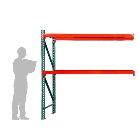 Heavy Duty Steel Pallet Rack Add On Unit 36 Inch Deep By 144 Inch Wide By 96 Inch High Two Tier with red beams and green posts.