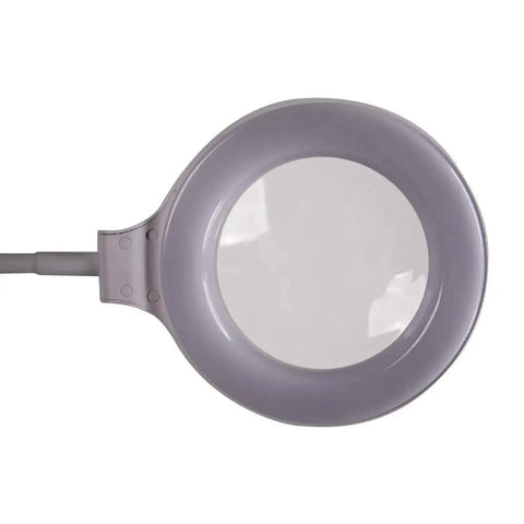 Top view of rechargeable LED floor lamp with 5-inch 2X magnifier and 5X bifocal, 59 color-adjustable LEDs for crafting and reading.