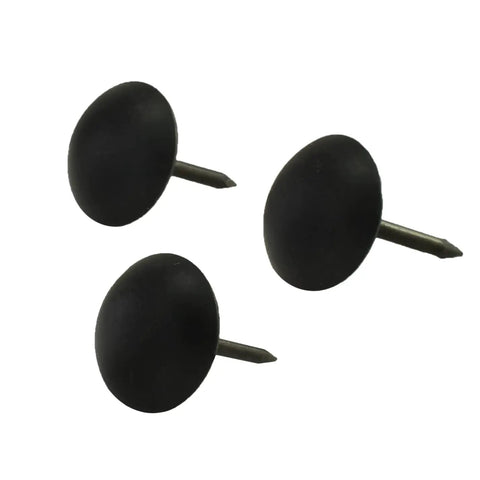 High Quality Matt Black Upholstery Nails And Vintage Decorative Tacks 100 Piece Pack With 7 16 Inch Heads close-up of 3 tacks