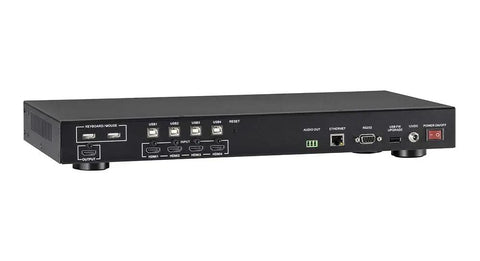 Back view of a 4K Quad Multiview 4X1 KVM Switch with USB and HDMI ports for seamless device connectivity.