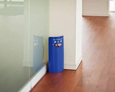 Heavy Duty Steel Corner Fire Extinguisher Box In Bright Blue Featuring A Tough Baked Finish For Top Shelf Safety And No Hassle Setup Wherever You Set Up Shop