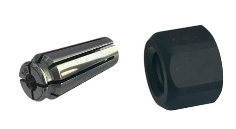 One Eighth Inch Collet And Nut Assembly With Socket Head Black Steel Zinc Coated Right Hand Coarse Unified National Coarse Thread Replacement Part For Heavy Duty Machining And Pro Grade Tooling, showing 1/8in collet and nut side by side.