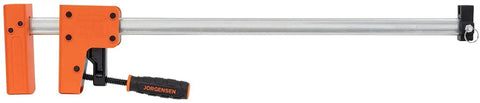 Heavy Duty 36 Inch 90 Degree Parallel Steel Bar Clamp For Woodworking And Cabinet Build With Multi Plate Clutch Mechanism, shown in detail.