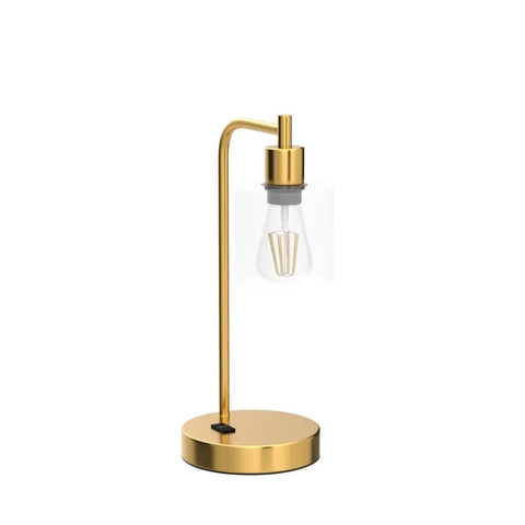 Set Of 2 Industrial Touch Desk Lamps With Two USB Ports And Two AC Outlets, single brass lamp with clear glass shade, 3-way dimmable
