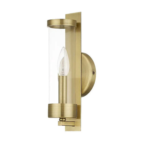 Castleton Antique Brass 1 Light ADA Wall Sconce With Clear Glass Cylinder, classic hallway and bath accent lighting