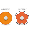 Comparison of old and new profile designs featuring circular and flower shapes in vibrant orange.