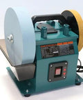 Heavy Duty 10 Inch Electric Knife Sharpener With Water Cooled Cooling System For Kitchen And Shop Use No Fuss Bench Grinder For 220V Direct Hookups with blue and yellow wheels.