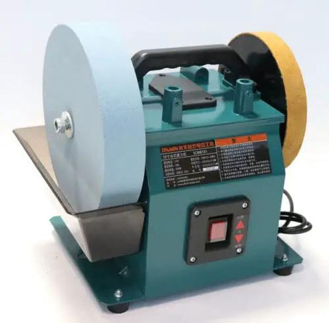 Heavy Duty 10 Inch Electric Knife Sharpener With Water Cooled Cooling System For Kitchen And Shop Use No Fuss Bench Grinder For 220V Direct Hookups with blue and yellow wheels.