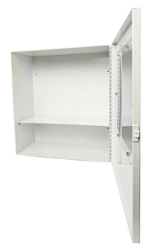 CPR Savers surface-mount AED defibrillator cabinet with alarm, white metal wall-mount cabinet.