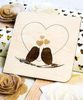 Baltic birch plywood square plaque, 12x12 inches, laser-engraved two birds inside a heart