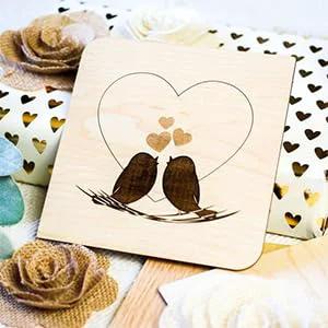 Baltic birch plywood square plaque, 12x12 inches, laser-engraved two birds inside a heart