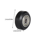 Close-up of a Top Notch V Shape Groove Plastic Bearing Pulley for 3D Printer with 5mm Bore, showing dimensions 2.4cm x 1.02cm.