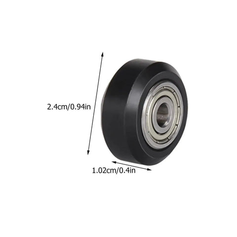 Close-up of a Top Notch V Shape Groove Plastic Bearing Pulley for 3D Printer with 5mm Bore, showing dimensions 2.4cm x 1.02cm.