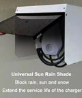 Heavy Duty EV Charger Cover And Weatherproof Outdoor Shield, Rugged Steel Charging Post Roof Protector mounted on a wall.