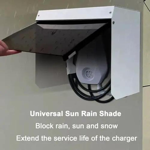 Heavy Duty EV Charger Cover And Weatherproof Outdoor Shield, Rugged Steel Charging Post Roof Protector mounted on a wall.