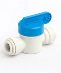 Polypropylene ball valve with push-in fittings, blue handle, for potable water, 1/4 inch tube OD, EPDM O-rings, side view