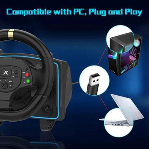 Close-up of 1080 Degree Magnetic Induction Racing Wheel with USB plug for PC Windows 7/10/11 and PS3 compatibility.
