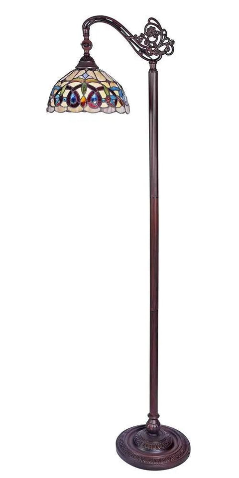 Tiffany Style Victorian Reading Floor Lamp With Handcrafted Stained Glass 11 Inch Wide 1 Light Downlight Foot Switch 100W Max E26 Type A Socket Indoor Living Room Accent Crystal Beads