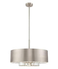 Gorgeous Six Light Pendant Featuring Brushed Nickel Drum Shade And Clear Faceted K9 Crystals. Six bulb pendant light with drum shade.