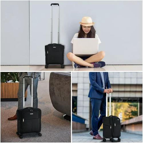 HanTrip 16-inch black underseat carry-on luggage with wheels, softside personal item bag with pocket.