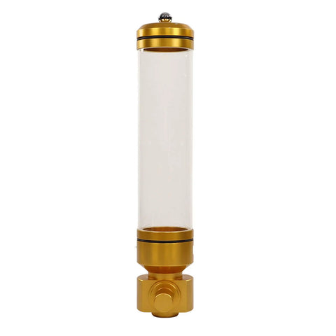 Wall Mounted Coffee Bean Dispenser Keeps Cafe Stash Fresh As Ever. Acrylic Sealed Jar with gold aluminum lid and clear tube.