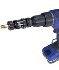 Cordless drill with blue body and black chuck, attached to a precision case-trimming adapter.