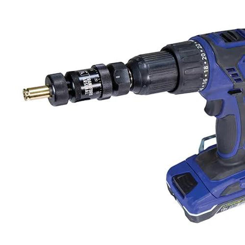 Cordless drill with blue body and black chuck, attached to a precision case-trimming adapter.