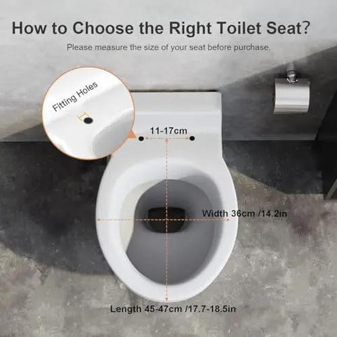 Diagram showing how to measure toilet seat fitting holes for the Heckuva Durable Quick Release Toilet Seat With Thick Buffer Pads For V And U Shapes Family Ready Top Mount Cover Extra Tough Plastic Lid In Bright Poppy Colors No Sweat Setup Smooth Ride.