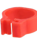 Close-up of an 8mm red plastic pigeon leg band, open-end view, for poultry management and breeding, numbered IDs 001-100.