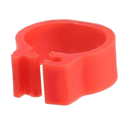 Close-up of an 8mm red plastic pigeon leg band, open-end view, for poultry management and breeding, numbered IDs 001-100.