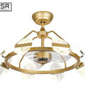 Modern Iron Ceiling Fan With Built In Led Light Combo Featuring Slick Nordic Lines Hella Smooth Variable Speed Options And Rich Coffee Blades For A Top Tier Living Room Setup, featuring a gold frame and clear blades.