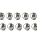 Ten 1/2-inch stainless steel bearing balls, front view, polished finish.
